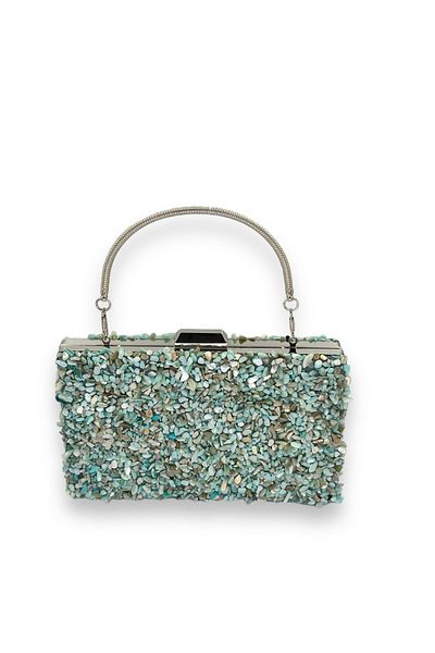 Biçanta Geantă de seară elegantă de culoare verde mentă cu mâner argintiu din piatră naturală