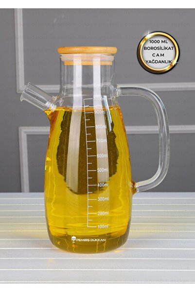 behila Bambu Kapaklı 1000 ml Borosilikat Cam Yagdanlik/Sirkelik