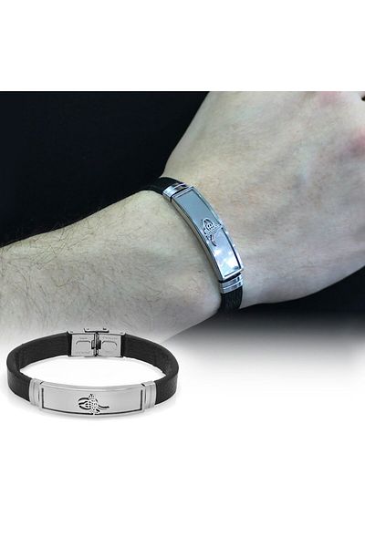 Nipora Tuğra Design Black Leather-steel Combination Men's Bracelet