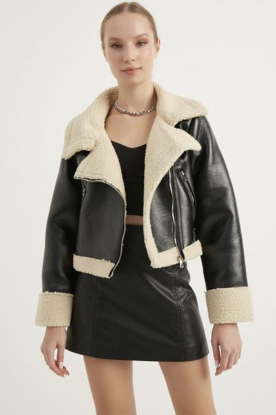 MEECY Kurze Bikerjacke aus Kunstwildleder für Damen