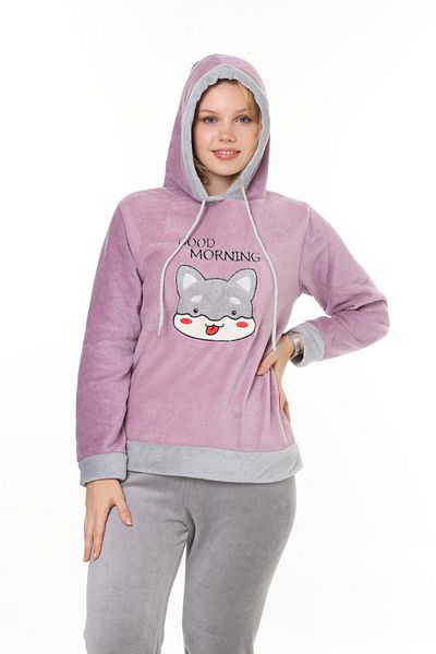 mervemoda Γυναικείο σετ πιτζάμες με λεπτομέρεια κέντημα από ύφασμα λιλά μαλακό υψηλής ποιότητας