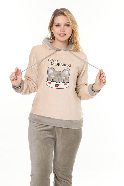 mervemoda Γυναικείο σετ πιτζάμες σε μπεζ απαλό, υψηλής ποιότητας υφασμάτινο κέντημα
