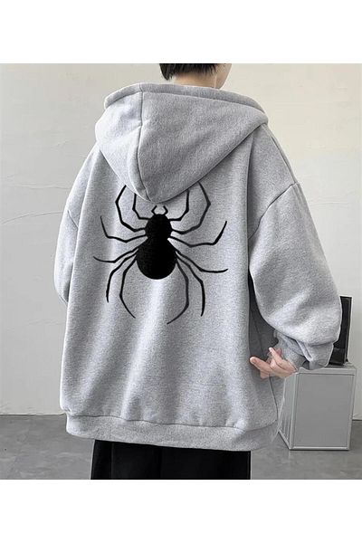 Touz Dangerous Spider εμπρός-πίσω τυπωμένη υπερμεγέθη γκρι ζακέτα με κουκούλα με φερμουάρ