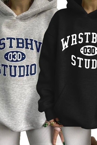 Josette 2-пари унісекс чорно-сірий Vrstbhvr з принтом, оверсайз-светр з капюш...