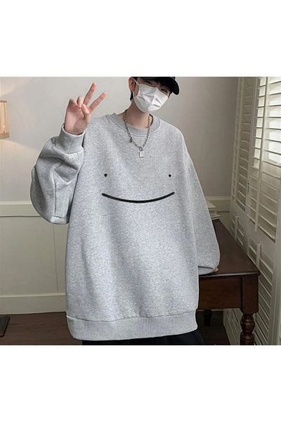 Gofeel Y2k Tech Half Smile εμπριμέ γκρι Unisex Oversize Crew Neck Φούτερ GF