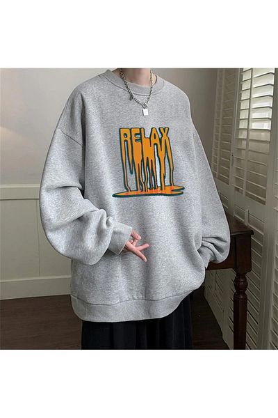 Gofeel Harajuku Street Relax εμπριμέ γκρι Unisex Oversize Crew Neck φούτερ HS