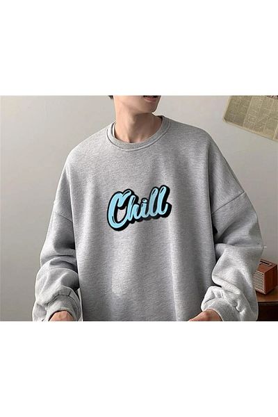 Gofeel Harajuku Street Chill Blue Printed Gray Unisex Oversize Crew Neck Sweatshirt HS