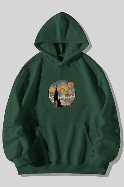 Harmandar Starry Night Printed 3 Thread Thick Fluffy Unisex Green Kangaroo Pocket Hooded Sweatshirt Hoodie
