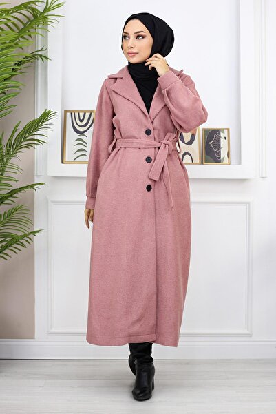 Modamihram Široký límec Cashmere Coat Dusty Rose MİH19170
