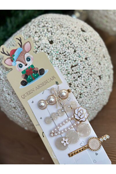 QUEEN AKSESUAR Set cu catarame laterale, 5 bucăți, din metal de lux importat, cu flori de piatră, perlate, pentru femei, alb