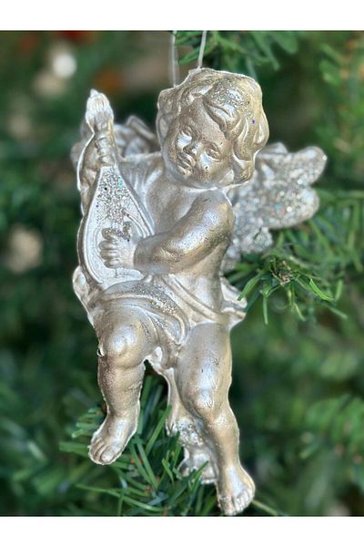 QUEEN AKSESUAR Imported large collectible glittered eros angel pine tree tree hanging decor mica ornament 13cm silver gray