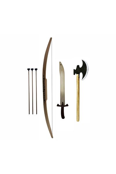 Ahtek Wooden Sword + Arrow Bow + Ax Set, Both Toy and Decorative