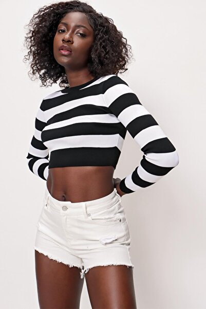 CHUBA Γυναικείο ριγέ πλεκτό Crop Top Μαύρο-εκρού 22sw303