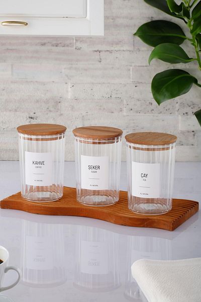 ANJEAHOME Douai 3-Piece 900 ML Wooden Lid Transparent Hard Plastic Food Storage Container Kitchen Organizer (Labeled)