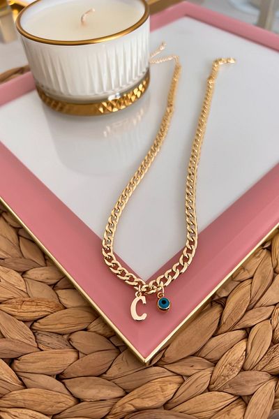 Trendy Butik قلادة سلسلة حنين رفيعة مع حرف C وعين الشر المتدلية