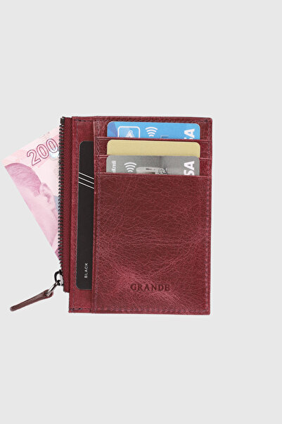 Grande 853 Genuine Leather Coin Compartment Zippered Vertical Card Holder Crazy Claret Red