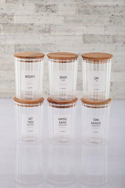 ANJEAHOME Douai 6-Piece 900 ML Wooden Lid Transparent Hard Plastic Food Storage Container Kitchen Organizer (Labeled)