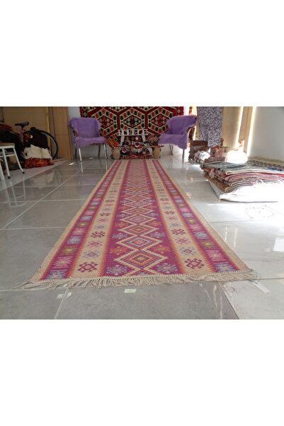 ŞAHMERDANOĞLU 4 Metre Uzunluğunda Pembe Yolluk Kilim, Makinede Yıkanabilir, Ç...
