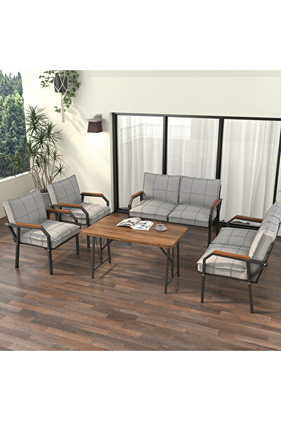 Mygusi Hayal Balkon Bahçe Cafe - Metal Kanepe Koltuk Takımı - 2 2 1 1 - 70x110 Cm Masalı - Açık Gri