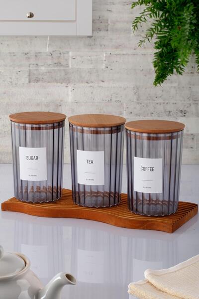 ANJEAHOME Oia 3 قطع غطاء خشبي 1500 مل حاوية تخزين الطعام البلاستيكية الصلبة المدخنة منظم المطبخ (مع الملصقات)