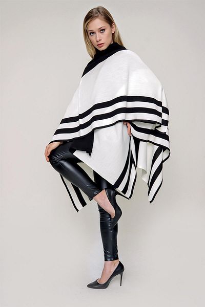 CHUBA Women's Striped Knitwear Poncho Black-ecru 22wk263