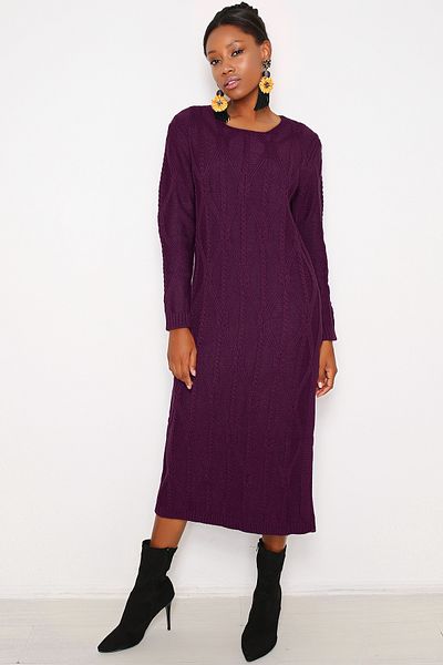 AVORWE Rochie midi din tricot cu decolteu cu model din tricot de păr