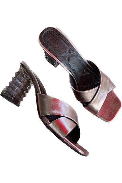 İpek Women's Smoked Cross Transparent Painted Heeled Slippers