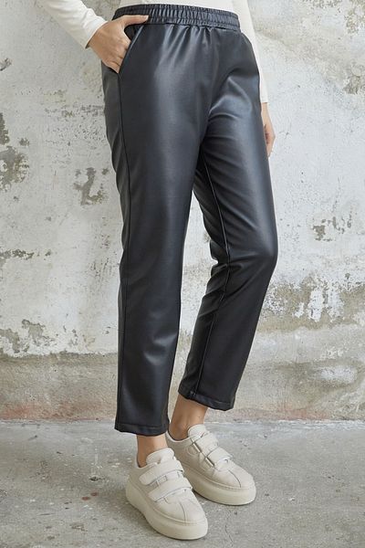 InStyle Selly Elastic Waist Leather Trousers - Black
