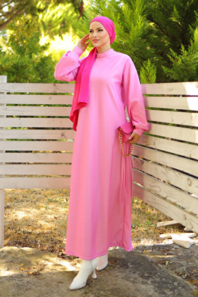 lizbutik Düz Balon Kol Tesettür Elbise - Pembe