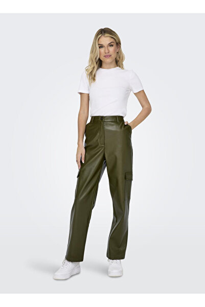 ONLY Yüksek Bel Normal Koyu Yeşil Kadın Pantolon ONLKIM FAUX LEATHER CARGO PA...