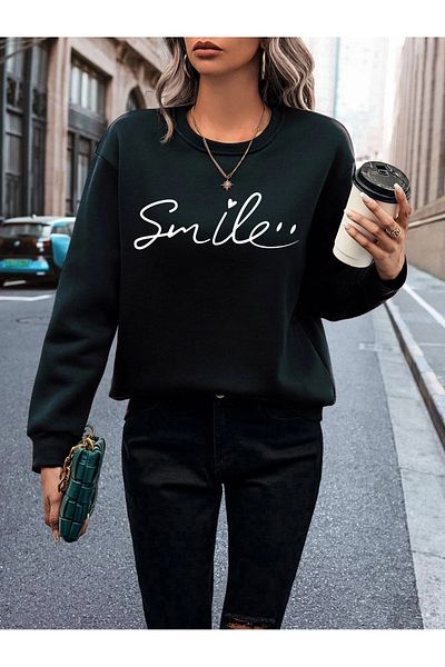 PALPİTO Hanorac oversize pentru damă, negru, cu imprimeu Smile