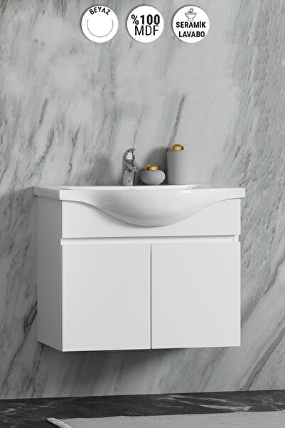 ÖZCEDEN Yıldız 75 cm Beyaz MDF Seramik Lavabolu Asma Banyo Alt Dolabı
