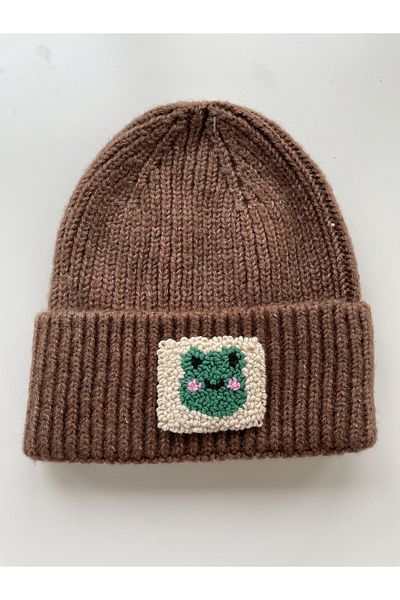 byebruketenci Brown Beret Christmas Frog Punch Patterned Luxury Wool Hat
