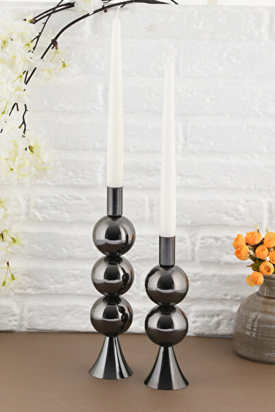 TR Turan Collection ELİT 2'li Şamdan Seti Platin Renk Dekoratif Metal Mumluk