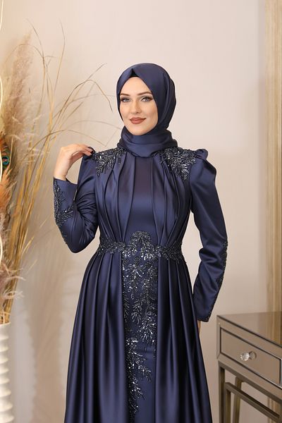Surikka Rochie de seara Hijab Karaca cu aplicatii drapate in fata Bleumarin