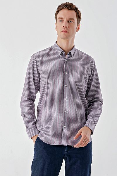 Morven Men's Burgundy Trend Striped Pattern Button Collar Regular Fit Shirt