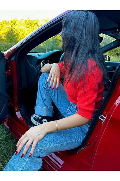 Dilvin 10306 Turtleneck Short Sleeve Crop Sweater-Red