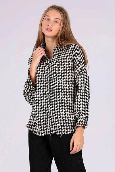 hazelin Cămașă alb-negru pentru femei, cu buzunare, cu model picior de gală, HZL24W-BD138521