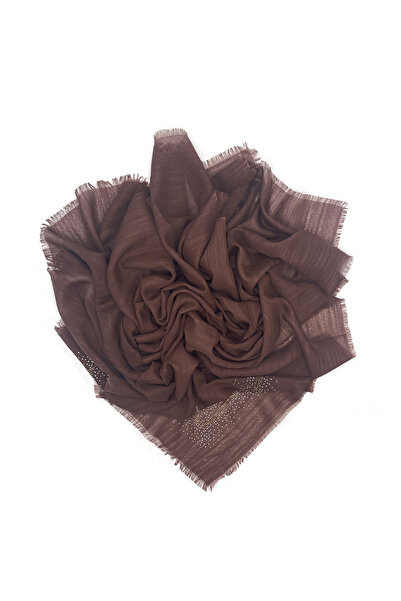 nazipek Stone Embroidered Brown Flamed Writing Rose Pattern Scarf 100x100cm