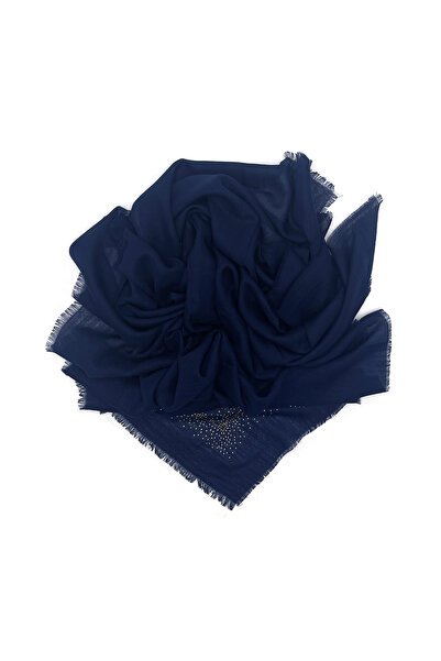 nazipek Stone Embroidered Navy Blue Flamed Rose Pattern Scarf 100x100cm