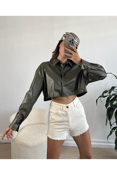 minaaise Cămașă din piele crop kaki 26062
