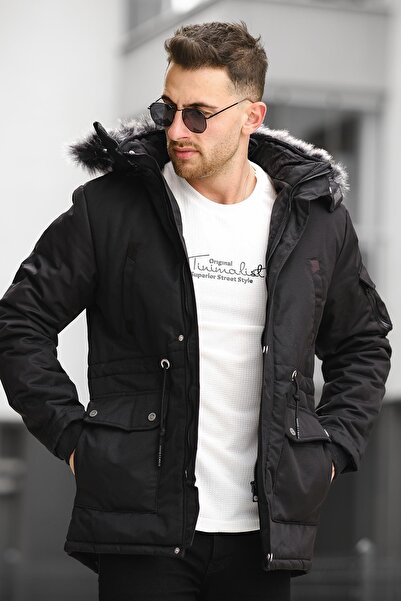 Oksit Remo Fur Lined Hooded Canvas Long Coat Parka