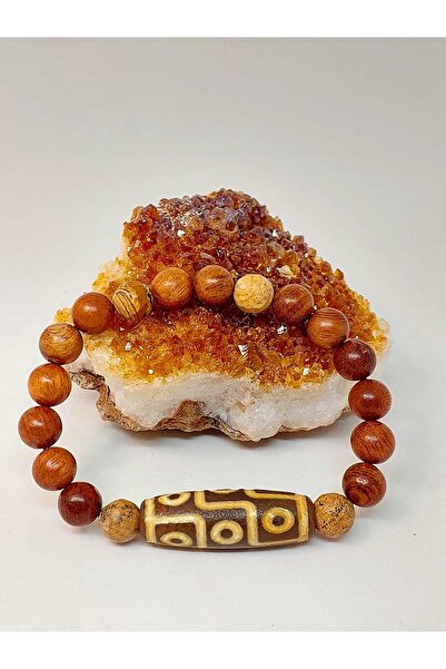 Yasamtohumu Tibet Akik & Jasper Taşlı Dokuz Göz Sembollü Unisex Ahşap Bileklik 8mm