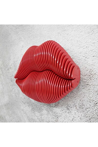 CajuArt 3 Boyutlu Parametrik Ahşap Kırmızı Dudak Modern Duvar Dekoru Tablo