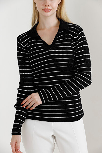 VEGENZE Women's Black Stripe Pattern Polo V-Neck Knitwear Sweater