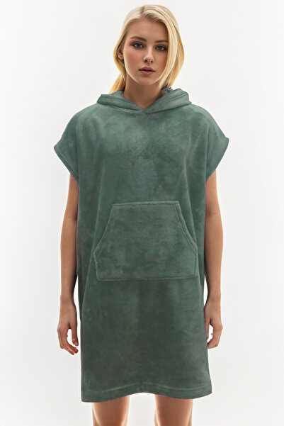 MY STAR HOME Yeşil Kapüşonlu Ekstra Yumuşak Kadın Sabahlık Düşük Kollu Polişingli Raşel Ev Giysisi