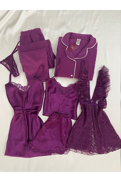 MH Moony Homewears 7-Piece Purple Giant Satin Pajama Polar Pajama Underwear Dowry Set