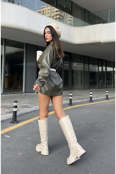 minaaise Haki Çıtçıt Detaylı Oversize Deri Gömlek 26061