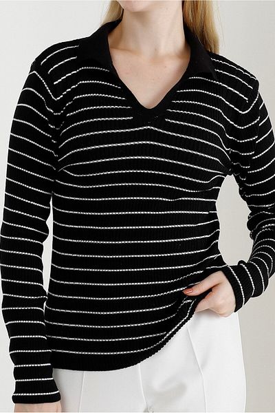 VEGENZE Pulover de damă, tricot cu decolteu în V, cu model cu dungi negre