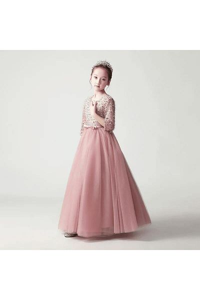 Mashotrend Bled Fringed Sequined Girls' Evening Dress - Tarlatan Kids Evening Dress Long Sleeve Girls' Evening Dress